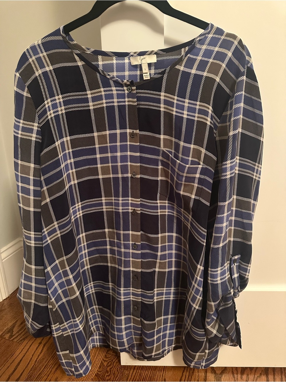 Joie 100% Silk Plaid Button-Front Top, Sz L